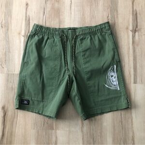 Olive Green Drawstring Shorts with Skull Graphic